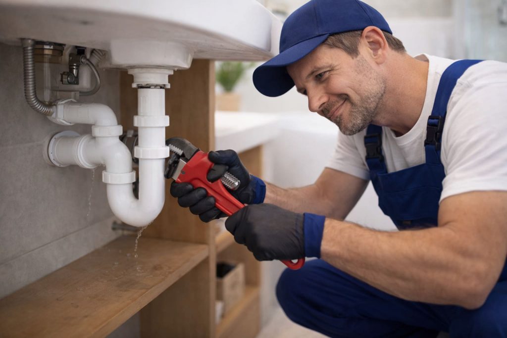 Sanitär Hartmann Notdienst - Rohrreinigung, Rohrbruch, Wasserschaden - Handwerker repariert einen Abfluss